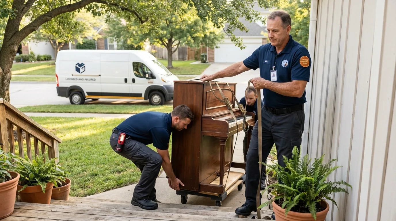 Licensed piano movers securing grand piano in Premont, TX